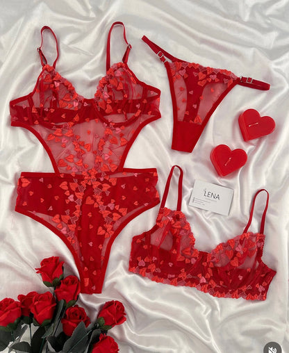Red Lovely Night Suit & Bra Penty Set Combo for Women's